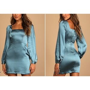 NWT Lulus Got The Love Slate Blue Satin Square-Neck Mini Dress Sz XXS